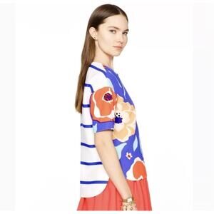 Kate Spade Size 8 Multicolor Floral Stripe Print Short Sleeve Shirt Hi‎ Low Hem